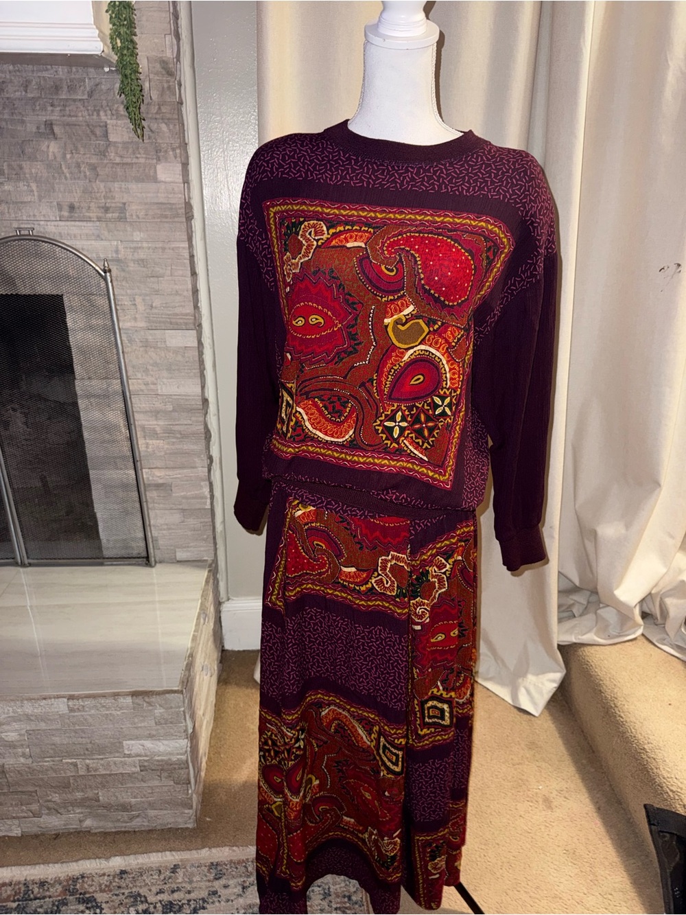 Vintage Karen Kane 2 Piece Paisley Maxi Skirt & Top Set Size 12 Made in USA
